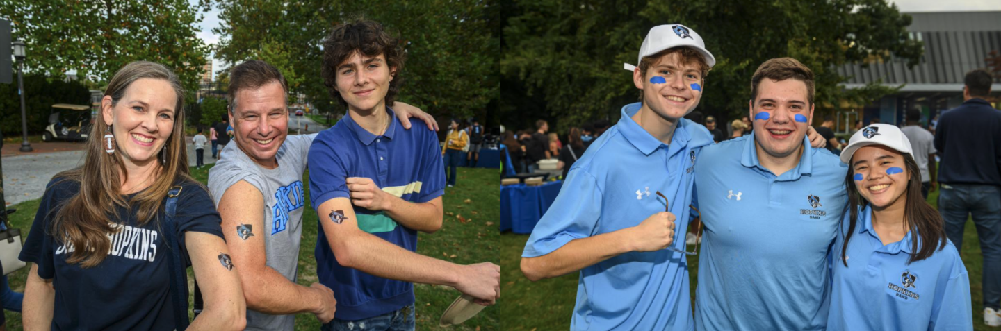 Two photos side-by-side. In the first, three people show off their fake Johns Hopkins blue jay tattoos. in the second, three members of the Johns Hopkins band smile for the camera in their uniforms.