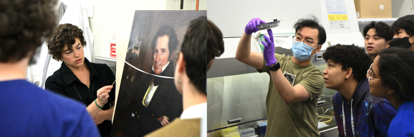 Two photos are placed side-by-side: In the first, a teacher shows a painted portrait to students. In the second, a teacher shows a piece of science equipment.