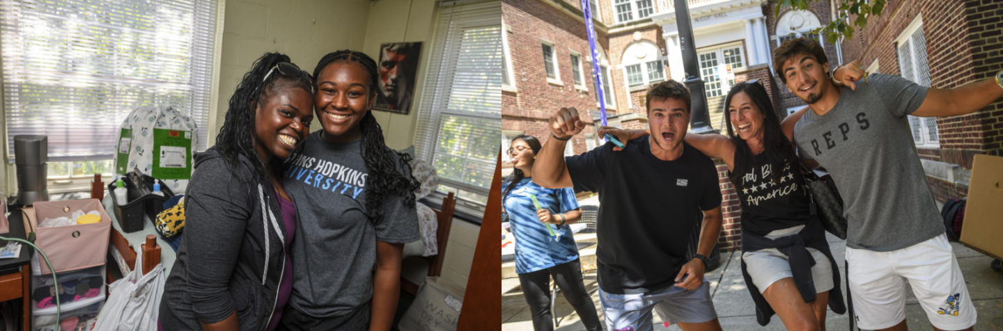 Two photos side-by side. In the first, a student and parent smile for the camera while moving into a college dorm. In the other, two students and a parent cheer for the camera in front of a college dorm building.
