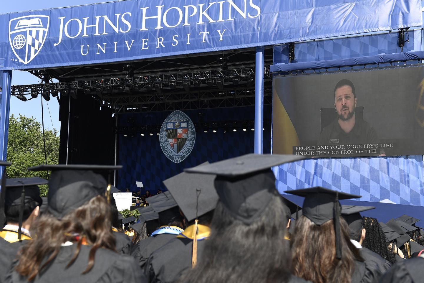 President Zelenskyy gives a speech remotely to the Johns Hopkins graduating class of 2023.