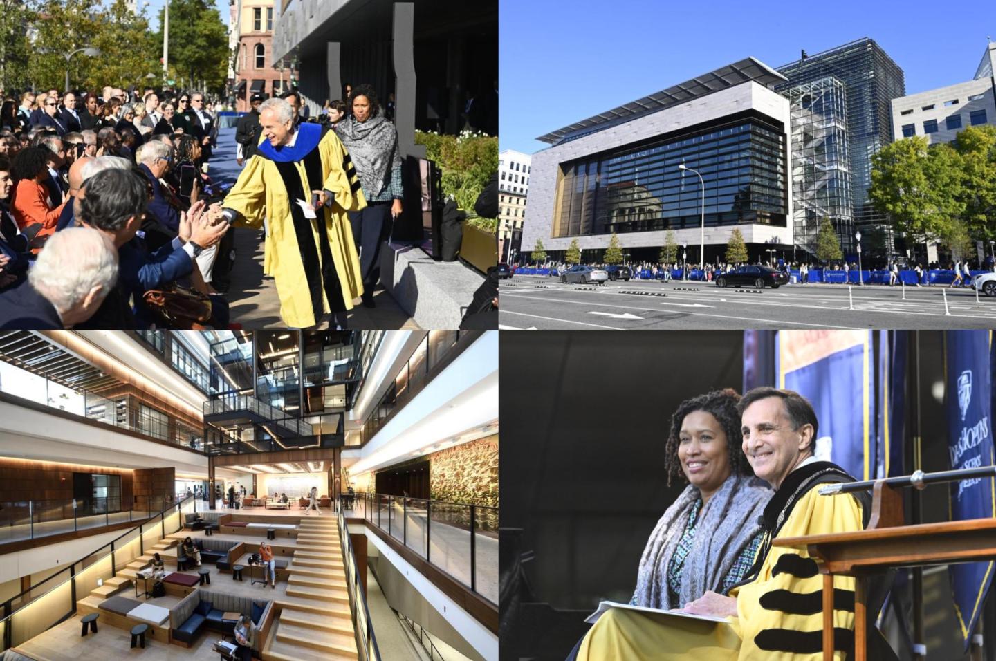 A collage of photos of the Johns Hopkins Bloomberg Center and its grand opening.