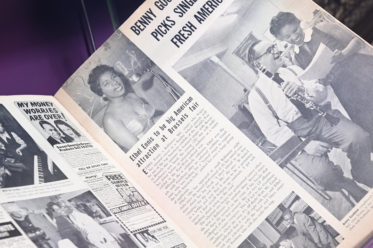 A black and white magazine article about Ethel Ennis and Benny Goodman