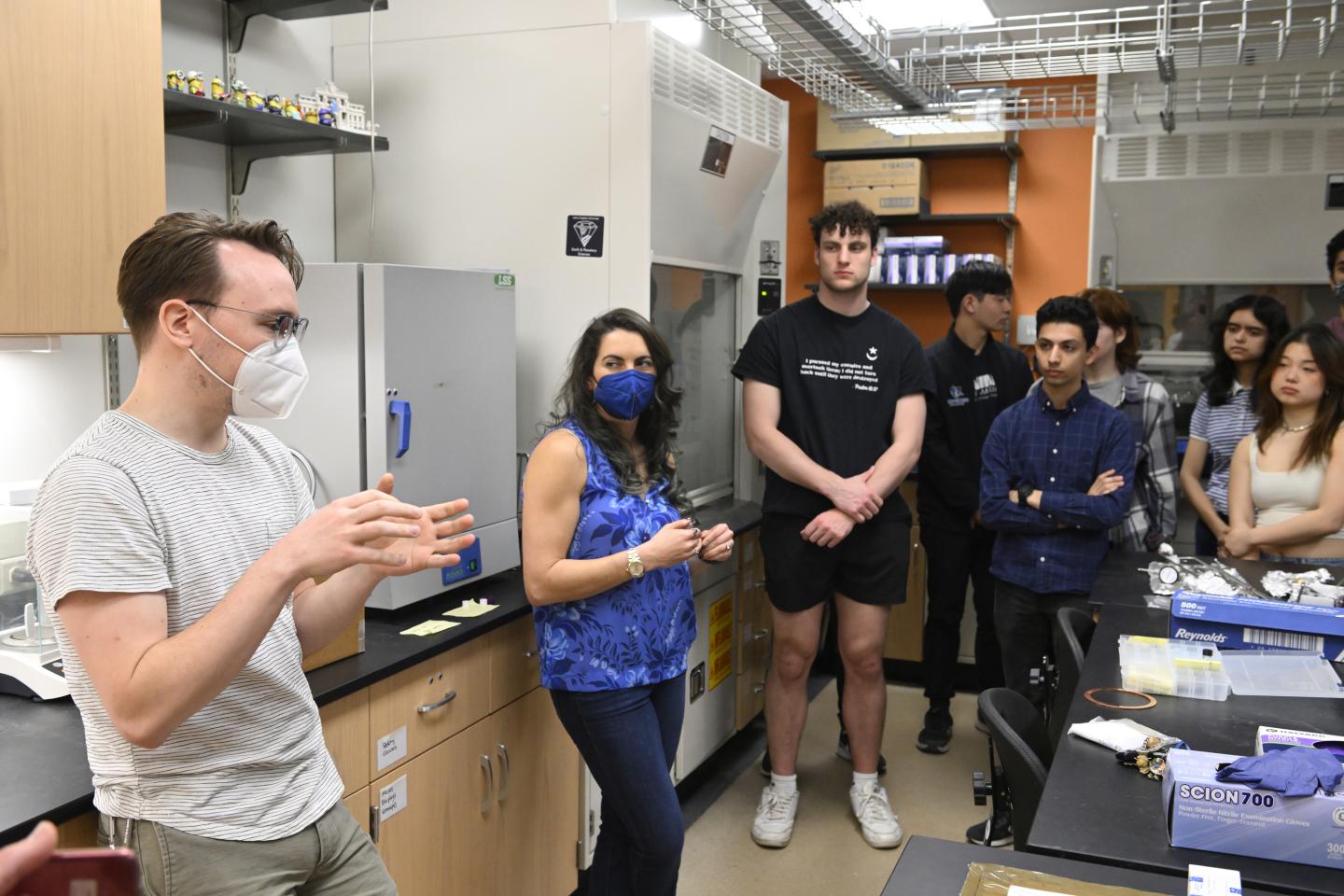 Michael Radke, a postdoc in the Department of Earth and Planetary Science at Johns Hopkins, and Sarah Hörst meet with students in the Spacecraft Instrumentation Project course