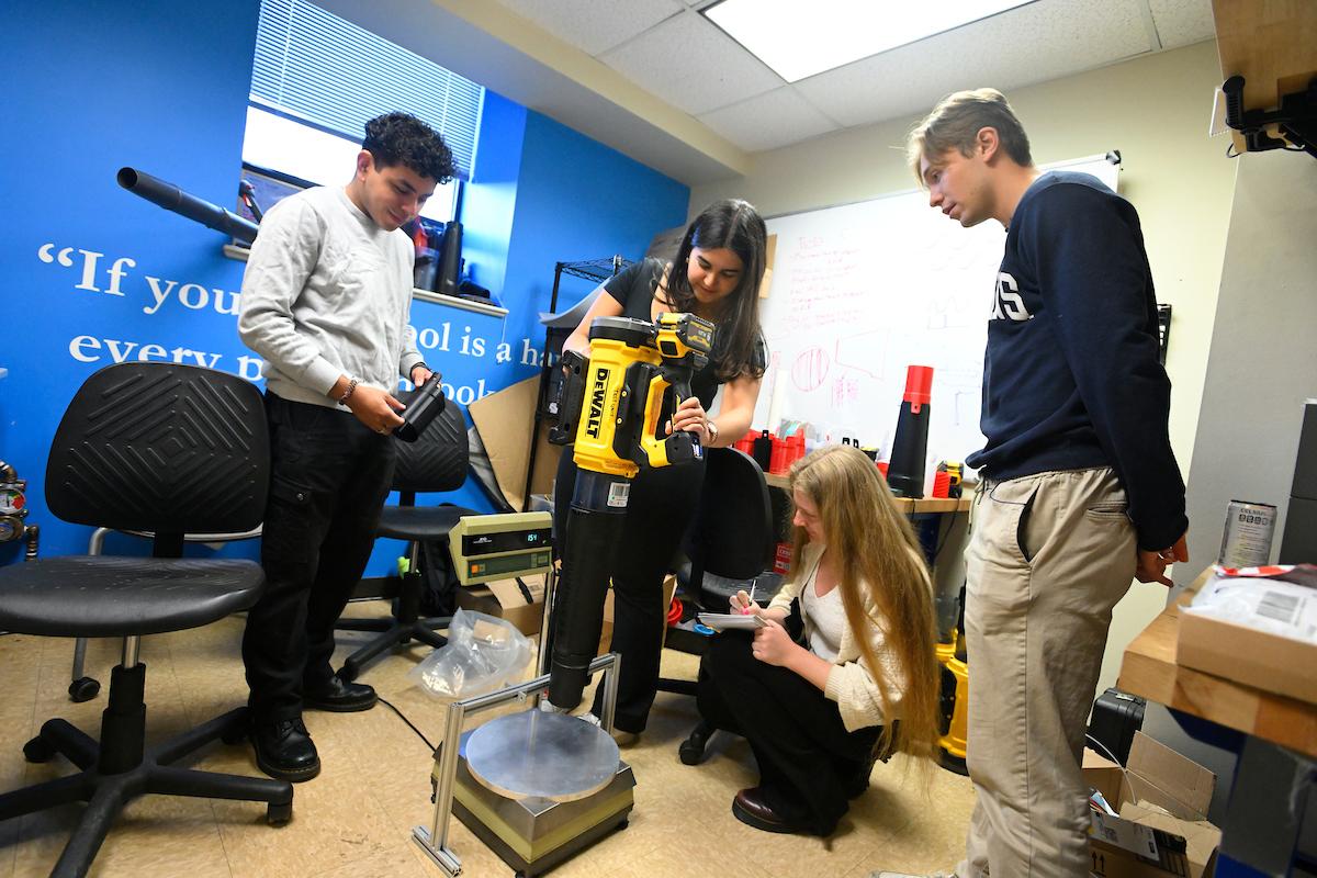 Johns Hopkins undergrads work in the lab on their quieter leaf blower
