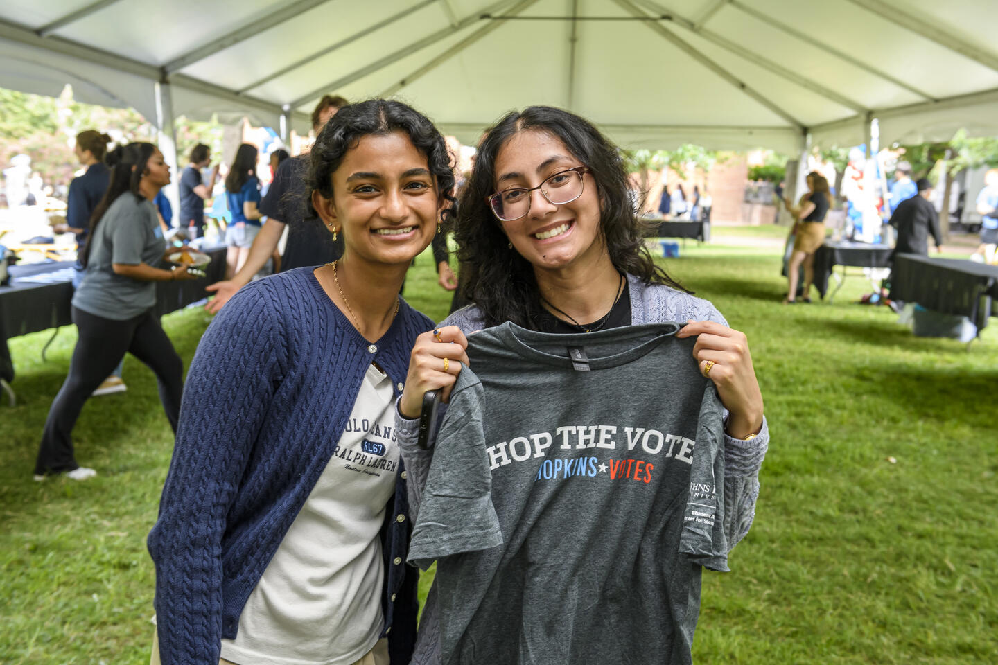 Students at Democracy Day 2024 with a Hop the Vote tshirt