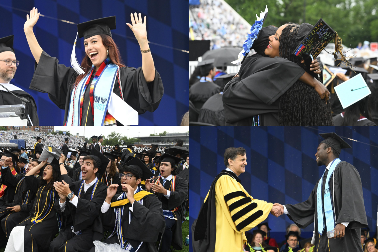 A collage of photos from Johns Hopkins Commencement 2024. Includes a graduate waving with two hands, two graduates hugging, a row of seated graduates cheering enthusiastically, and a graduate shaking the hand of university president Ron Daniels.