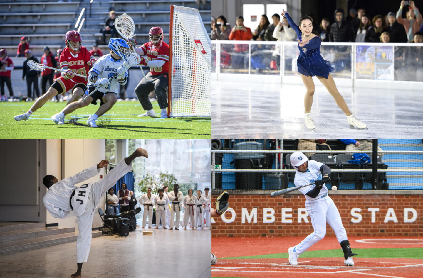 Four photos are placed next to each other, depicting Hopkins athletes competing in lacrosse, figure skating, taekwondo, and baseball.