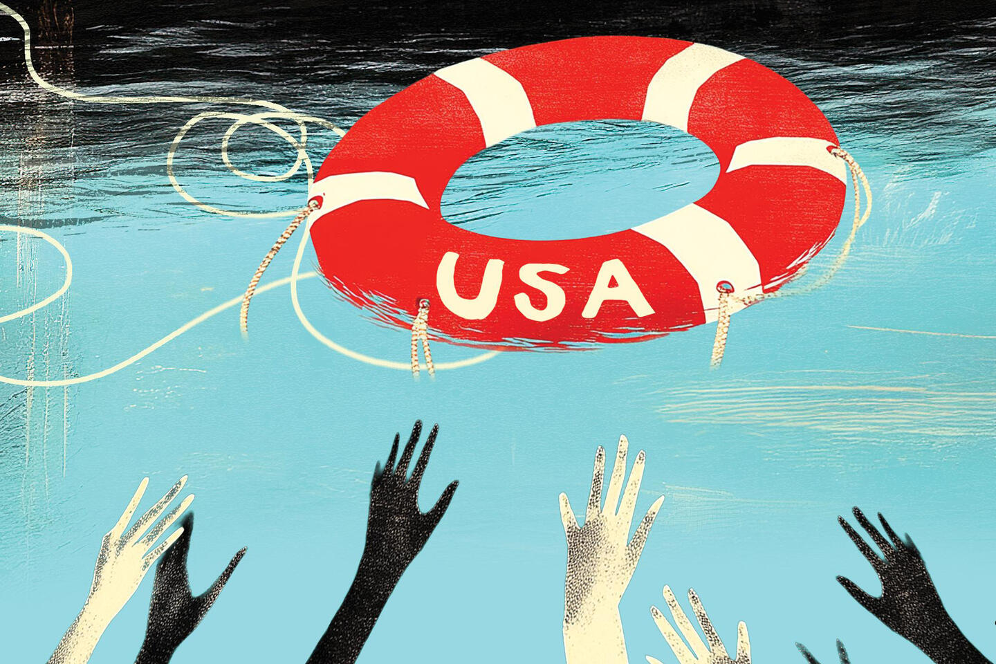 Illustration of hands reaching for a red and white lifesaving ring with USA in white text, floating on water