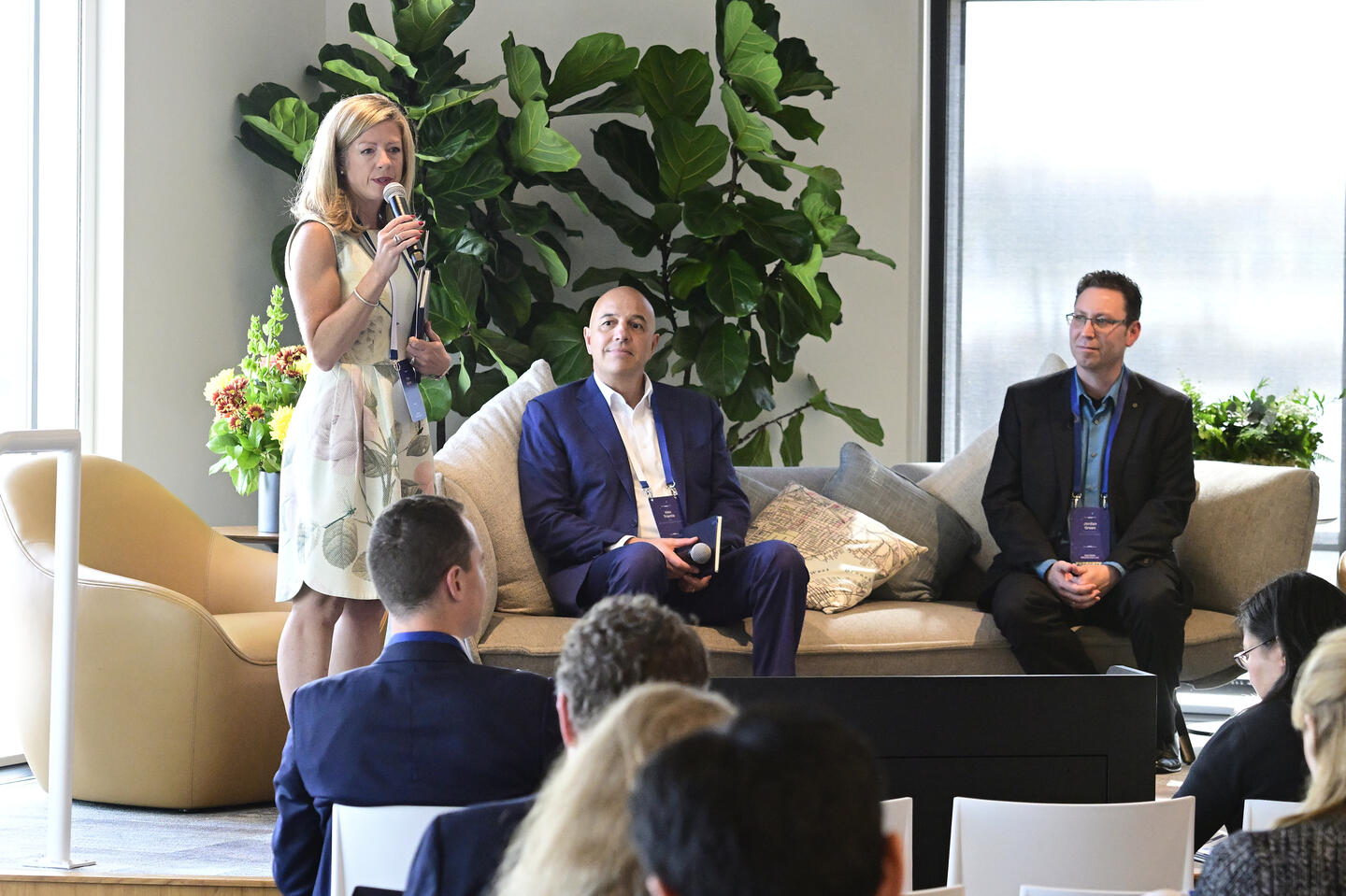 From left, Myra Norton, senior director of FastForward, with Carey Business School Dean Alex Triantis and Jordan Green, vice chair for research and translation in the Department of Biomedical Engineering