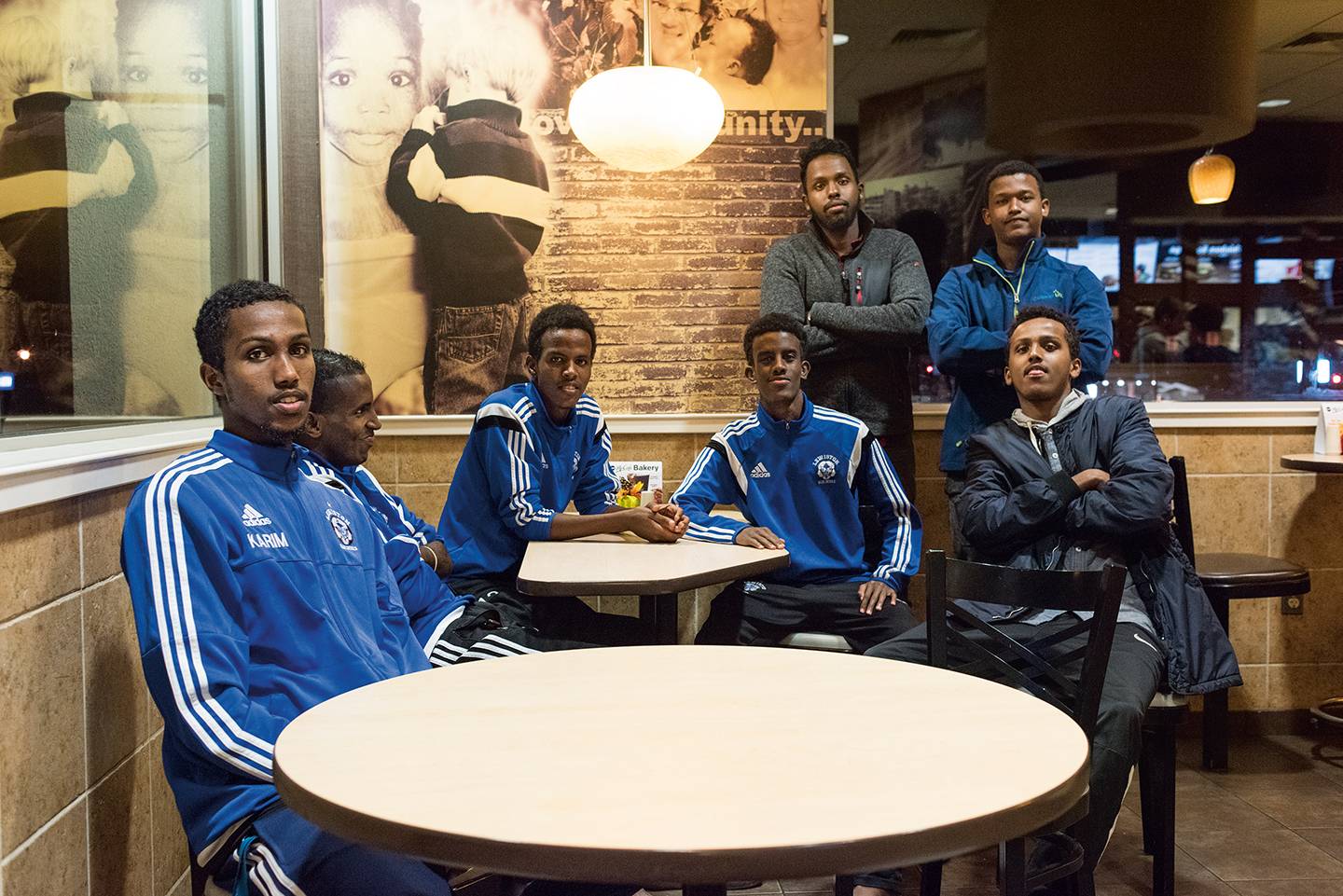 Soccer team in a fast food restaurant