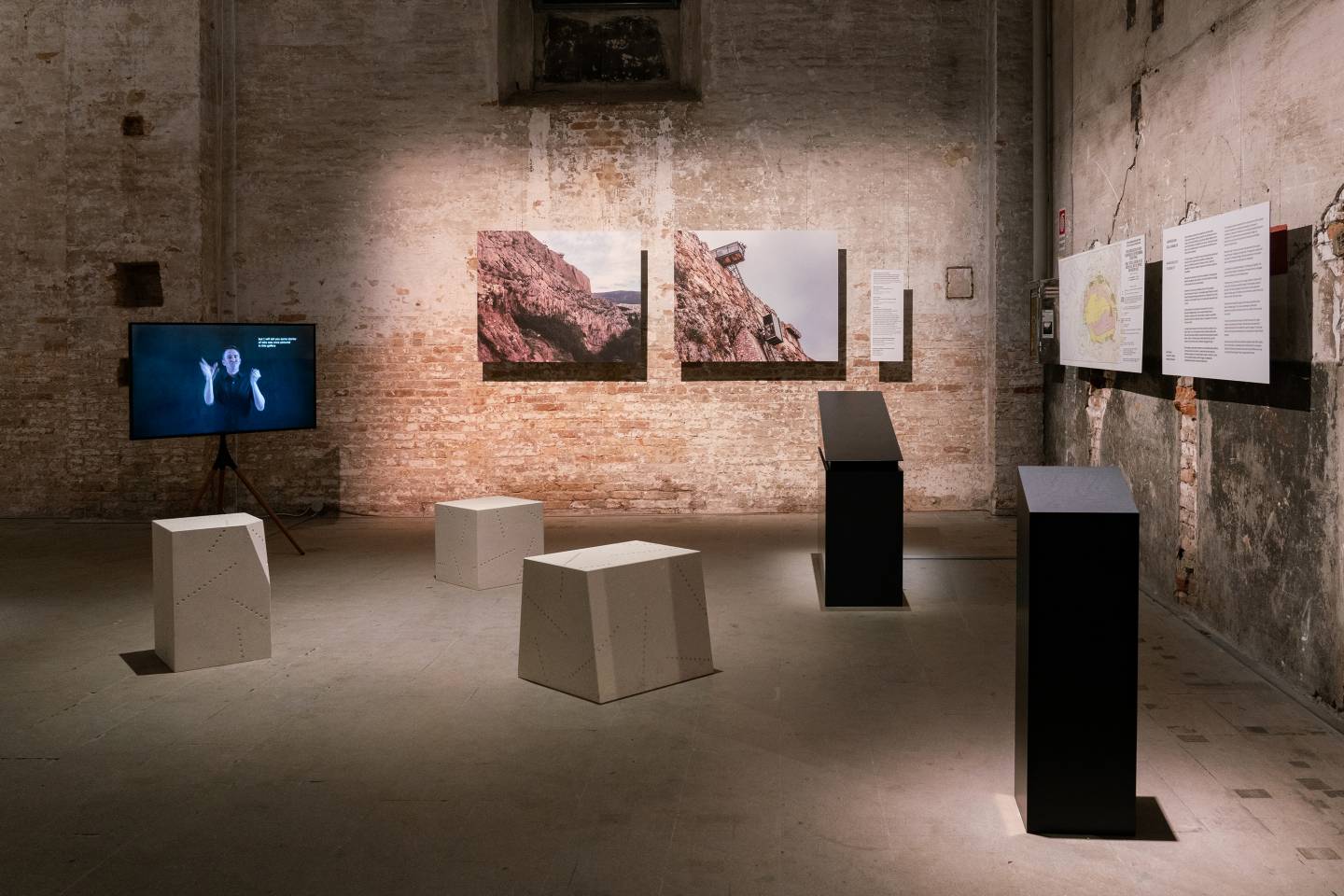 Archaeology of Disability exhibition includes carved stone stools and a television screen
