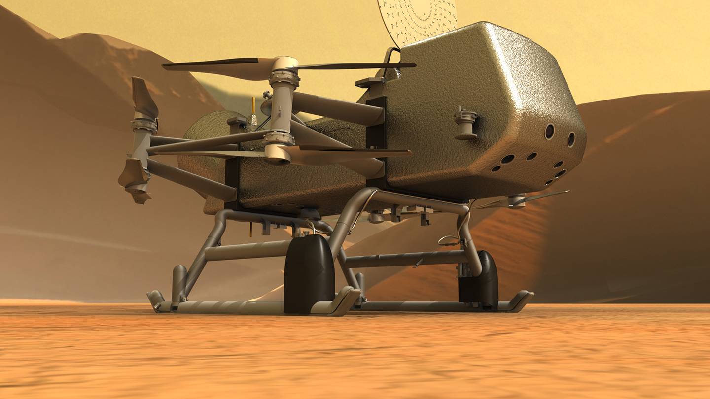 Artist's rendering of Dragonfly rotorcraft in a hilly dune