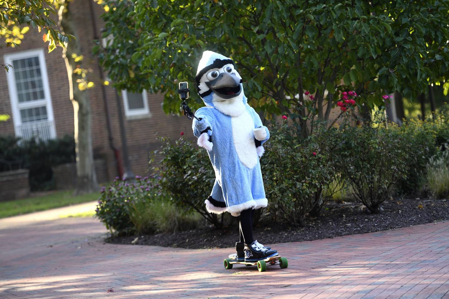 Hopkins Blue Jay skateboards with a coffee and selfie stick