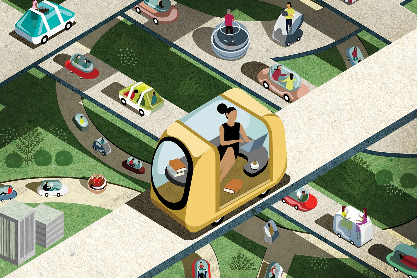 Illustration of automated cars and passengers engaging in non-driving activities Illustration of automated cars and passengers engaging in non-driving activities