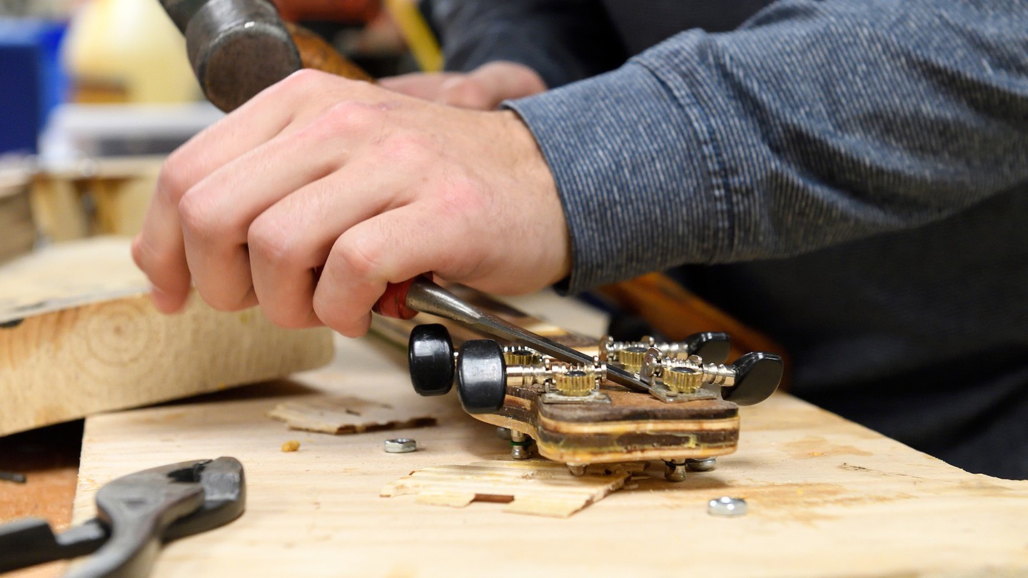 Part of a banjo as it's being built Part of a banjo as it's being built