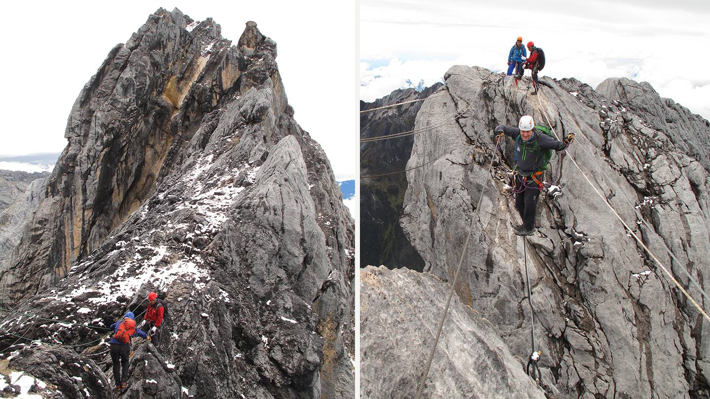 Composite image of people climbing a rocky mountain