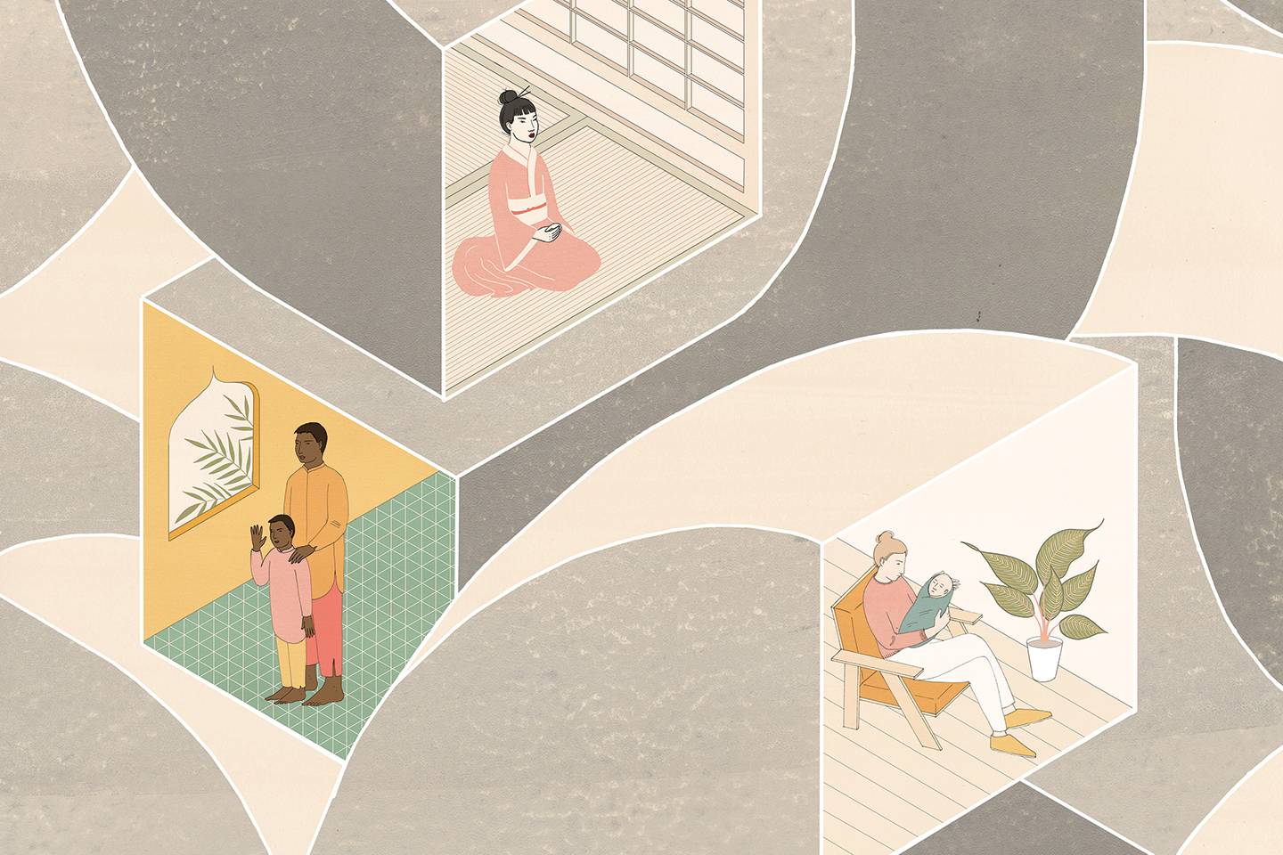 Illustration of people around the world in a portal Illustration of people around the world in a portal