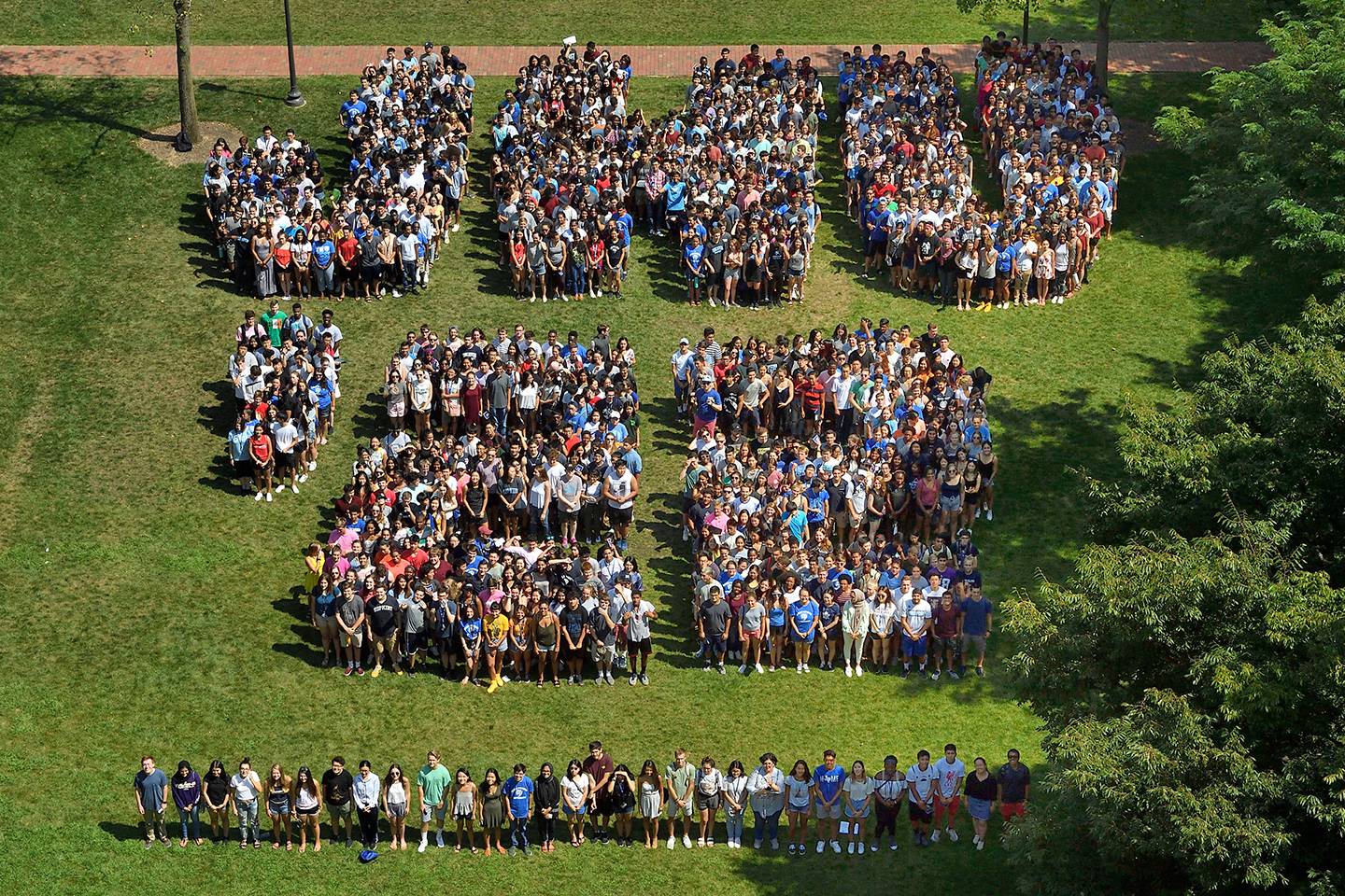 Students posed on the quad to form the phrase 'JHU '22'