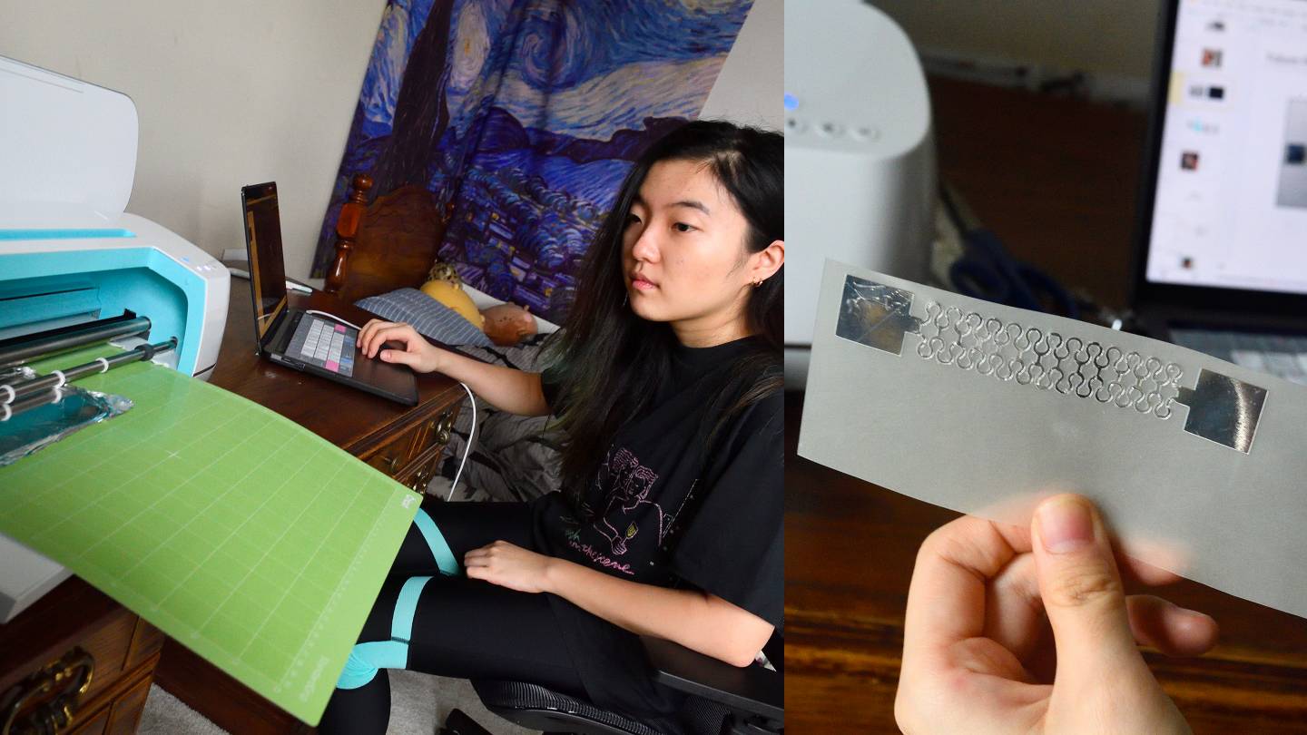 Composite image. On left, Hahn watches the Cricut work, on right, she holds up the finished product, a flexible material cut in a looping pattern