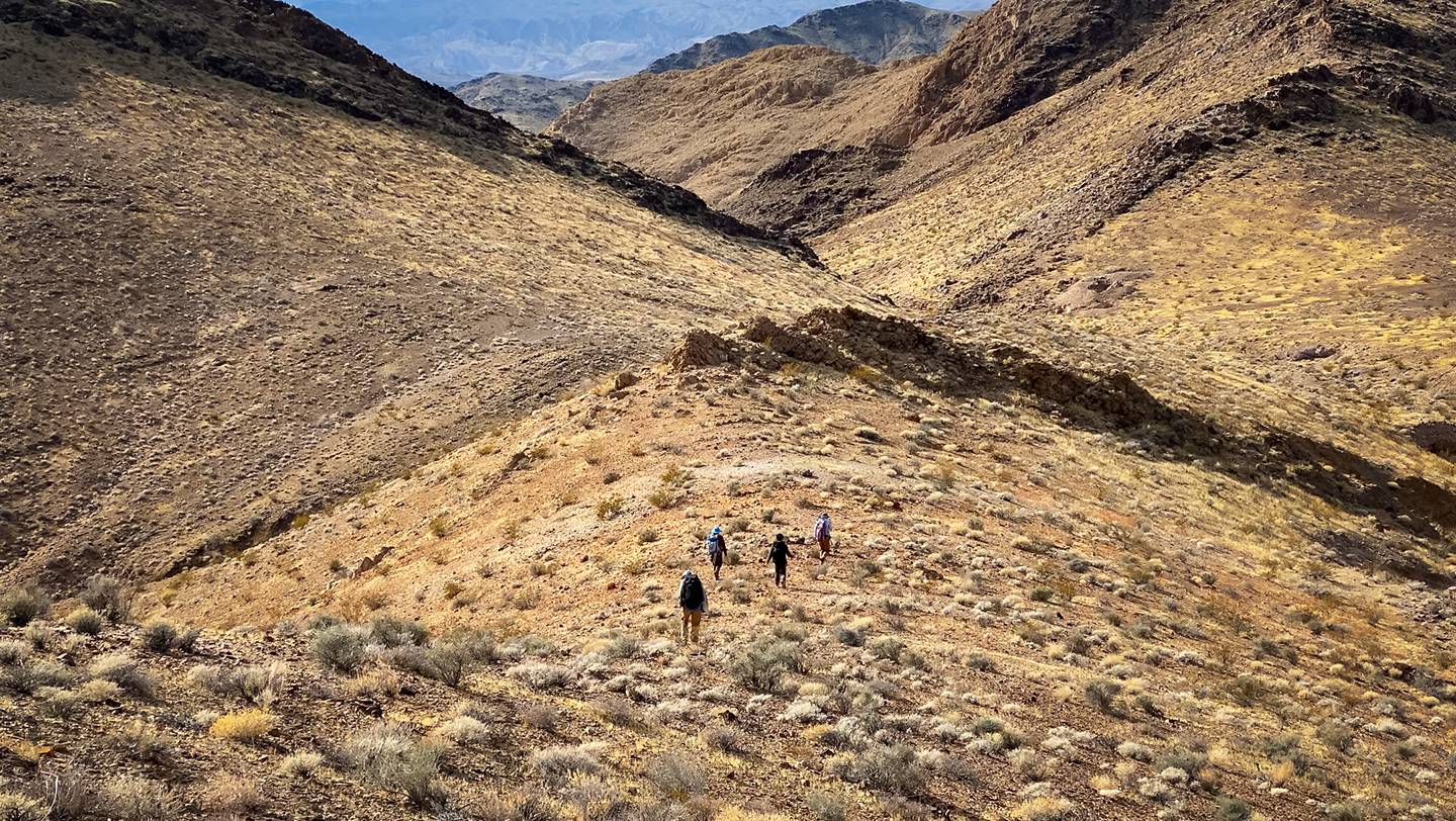 Students stand among the mountains of the Nopah Range Wilderness Area