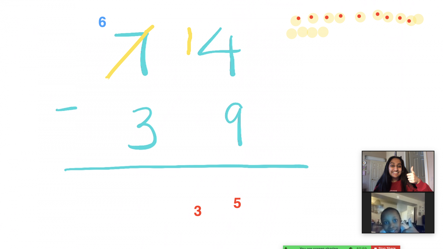 Screenshot of a Zoom meeting between a Tutorial Project tutor and tutee where they discuss math