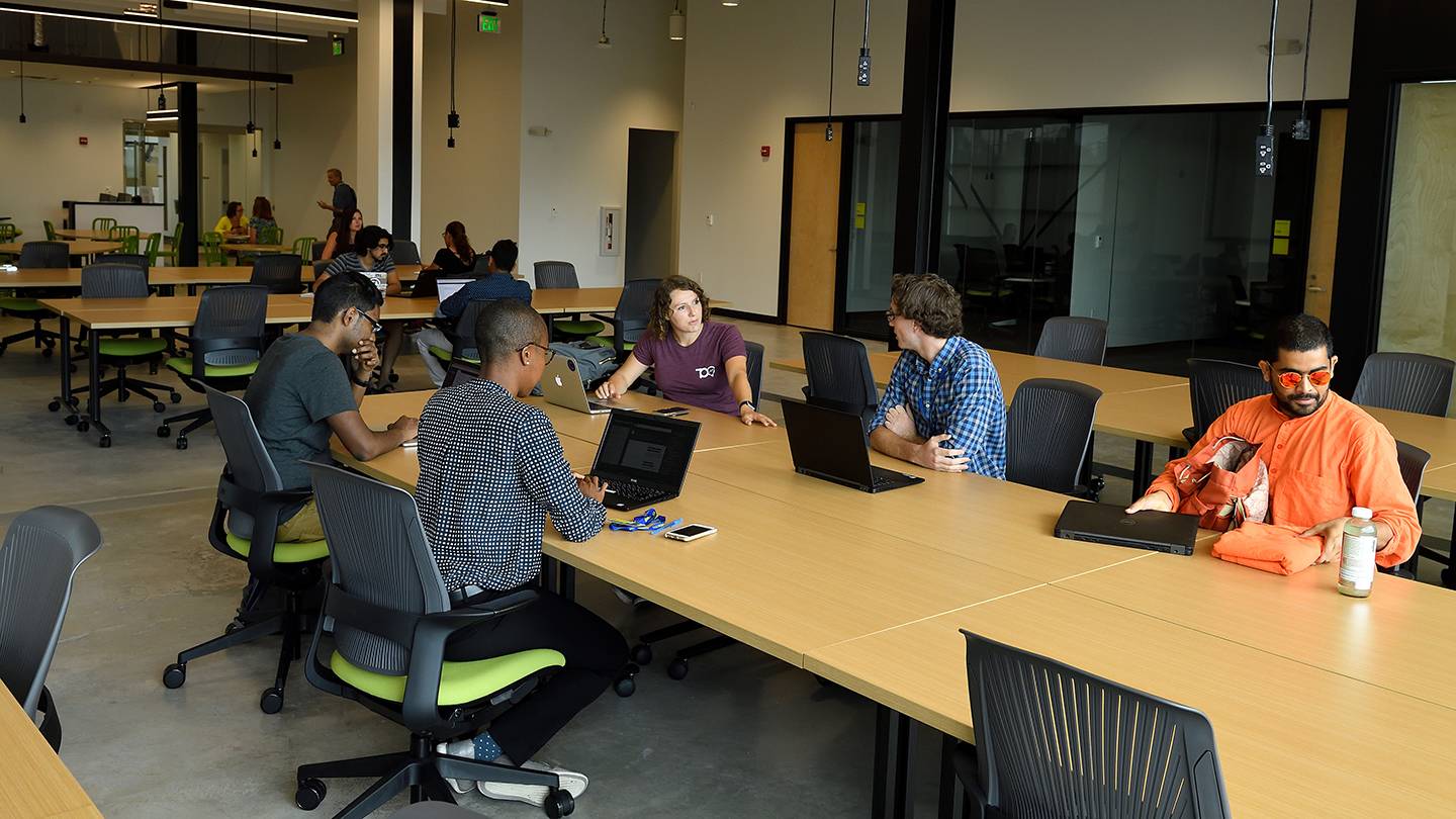 Students working in an open space