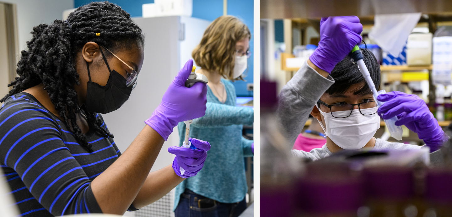 Side-by-side photos of students learning to pipette