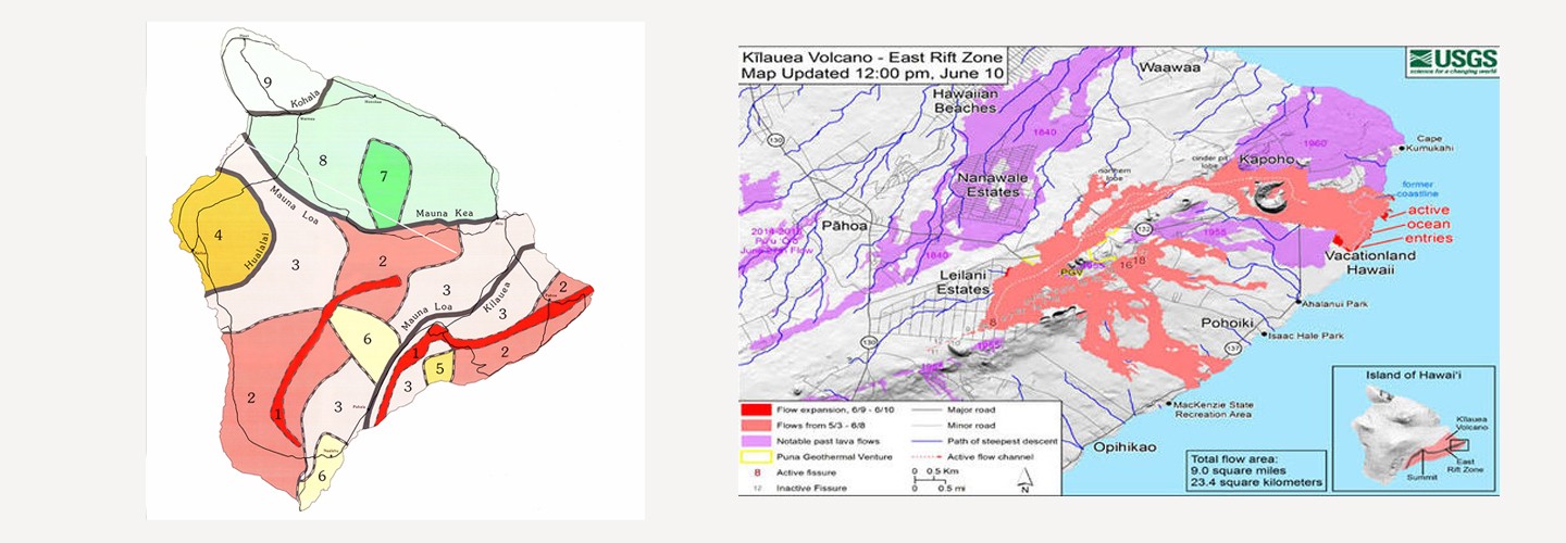 Map left shows areas of hazard, map on right shows that lava has flown as predicted by the hazard map