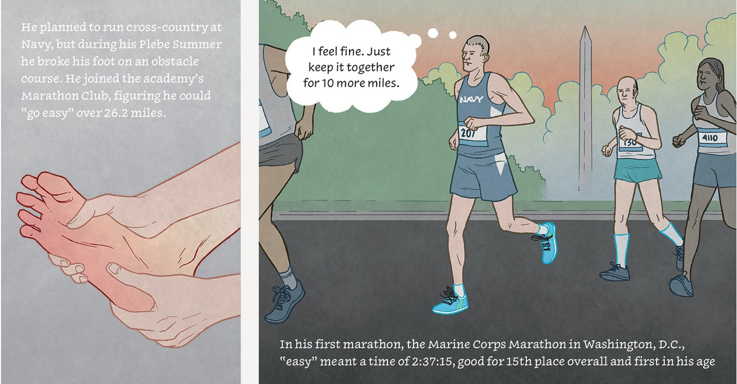 Comic strip panel describes his foot injury and his first marathon, the Marine Corps marathon