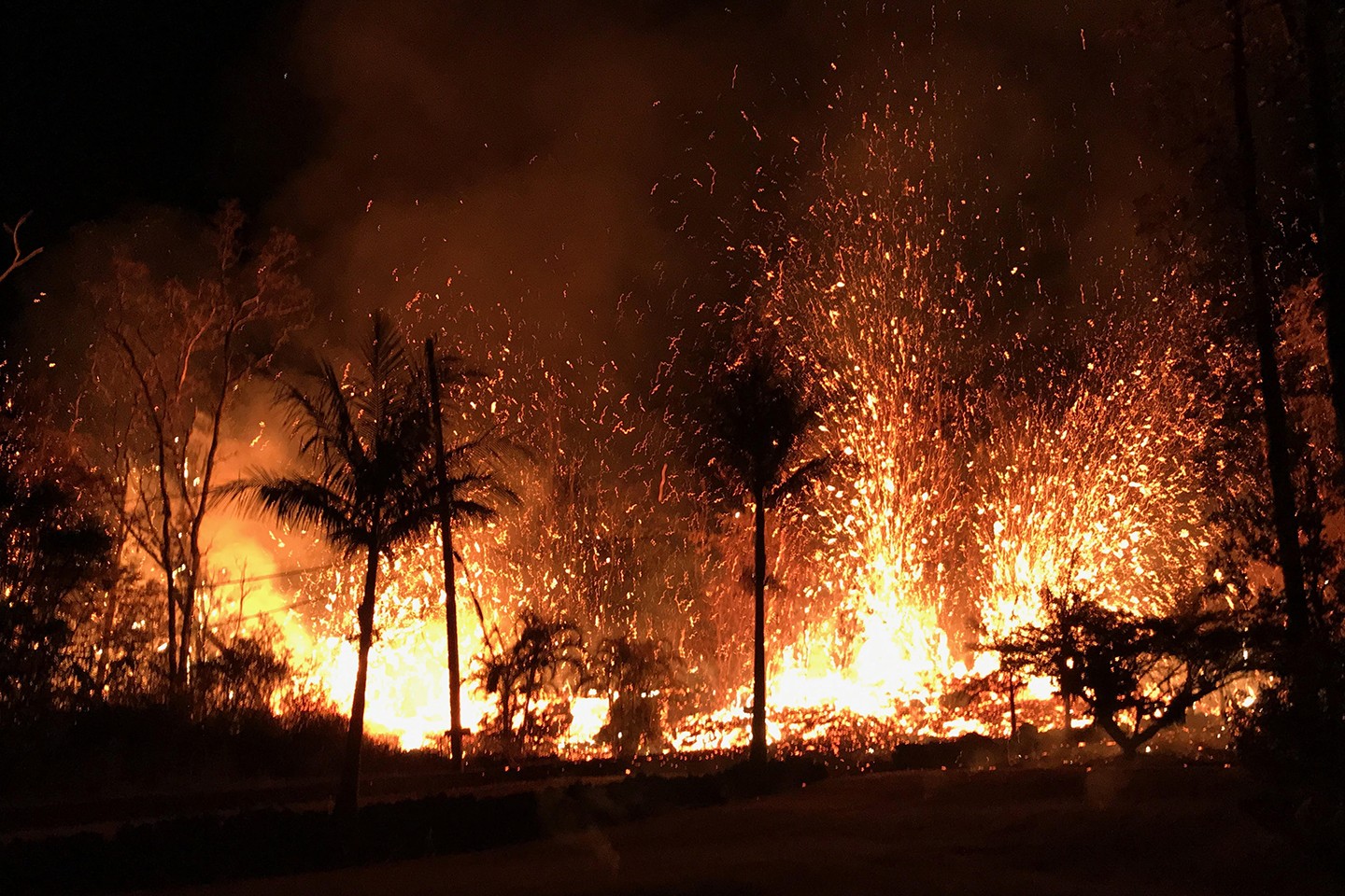 Sparks and lava burn palm trees