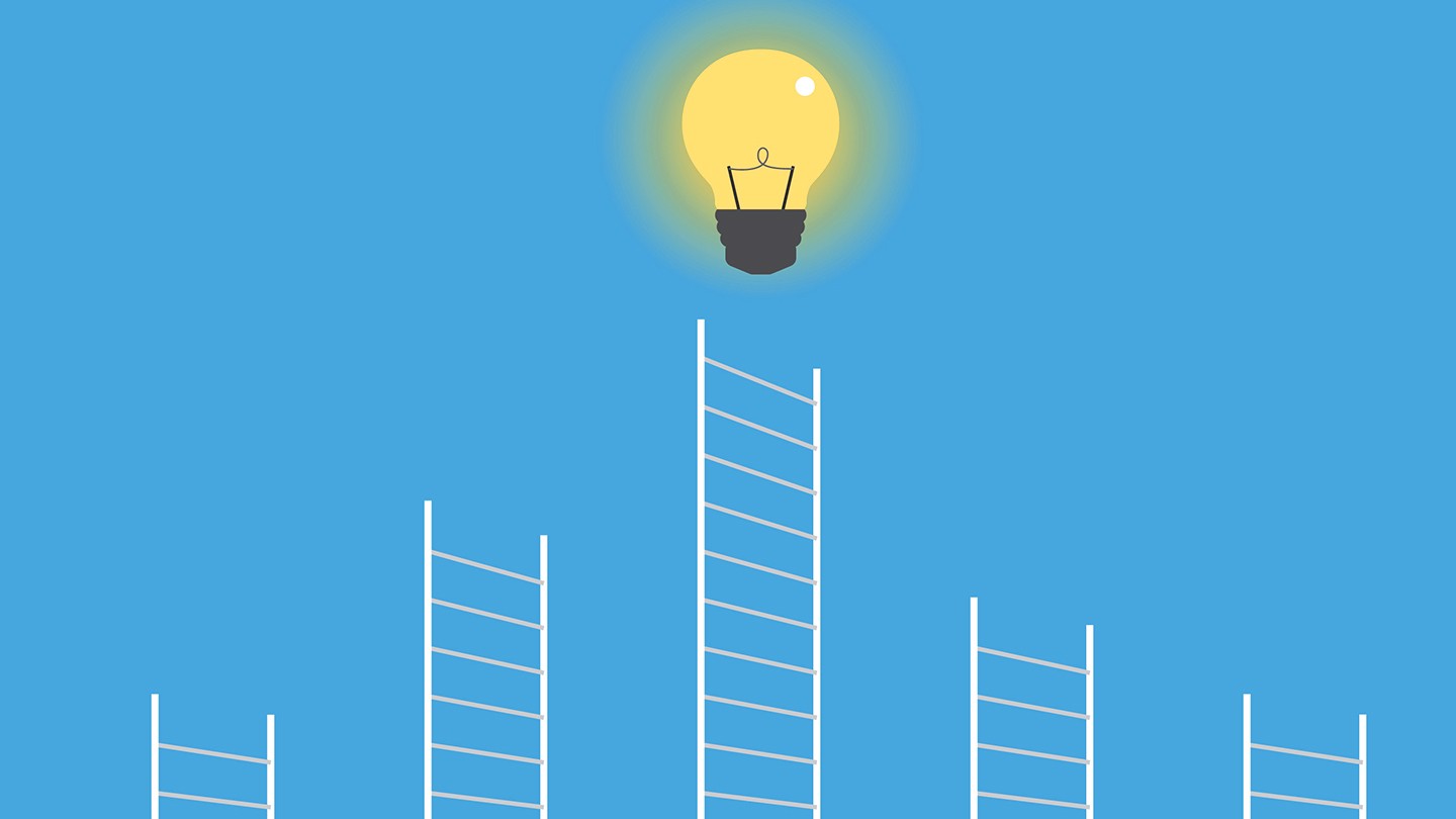 Illustration: White ladders against a blue background lead to a light bulb Illustration: White ladders against a blue background lead to a light bulb