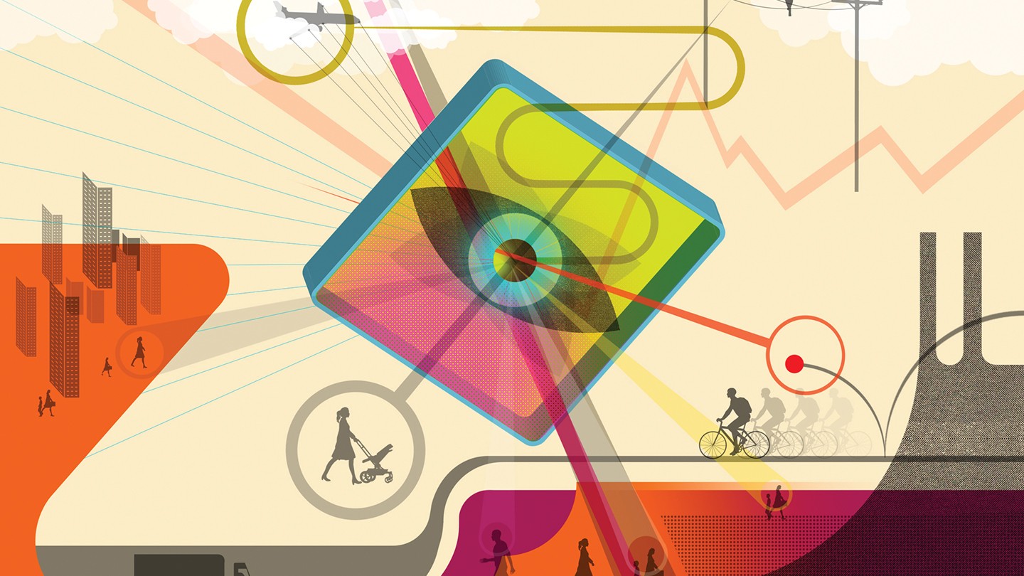A computer screen in the sky sees a series of activities, a person cycling, a person pushing a stroller, an airplane A computer screen in the sky sees a series of activities, a person cycling, a person pushing a stroller, an airplane