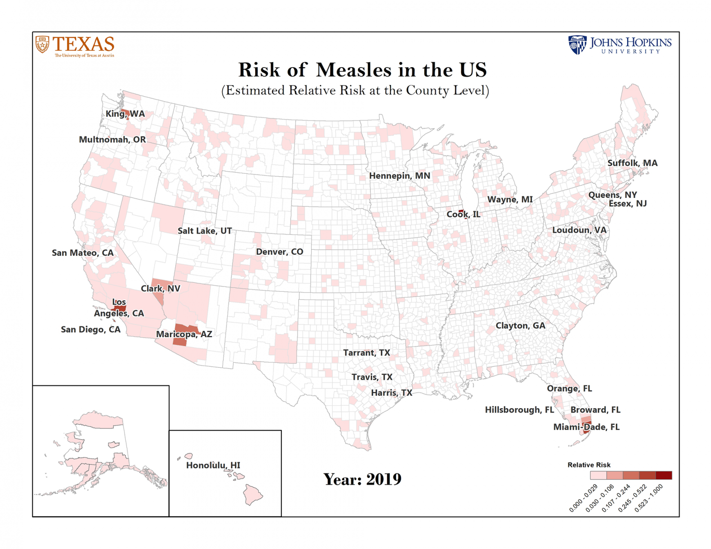 Map of U.S. counties shaded according to their level of risk