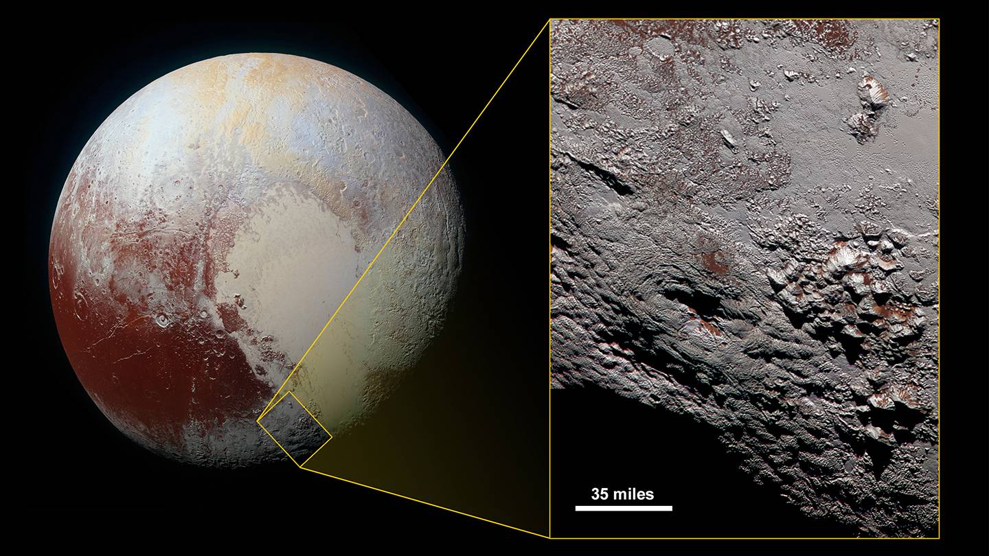 Close-up view of Wright Mons, one of two potential cryovolcanoes spotted on the surface of Pluto by the passing New Horizons spacecraft in July 2015