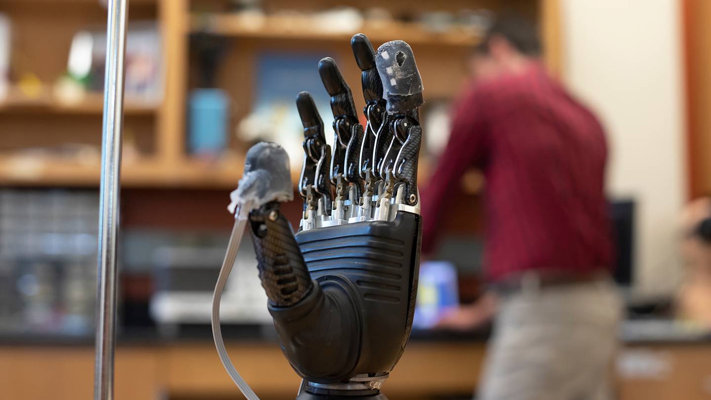 Close-up of prosthetic hand with sensory sleeve on fingertips Close-up of prosthetic hand with sensory sleeve on fingertips