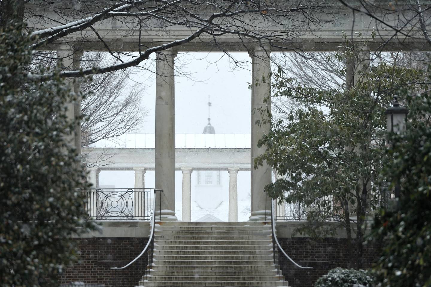 A campus archway in the snow