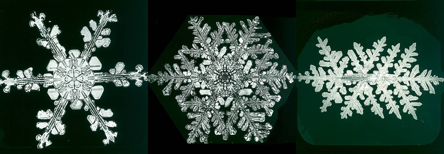 Composite image of three snow crystals
