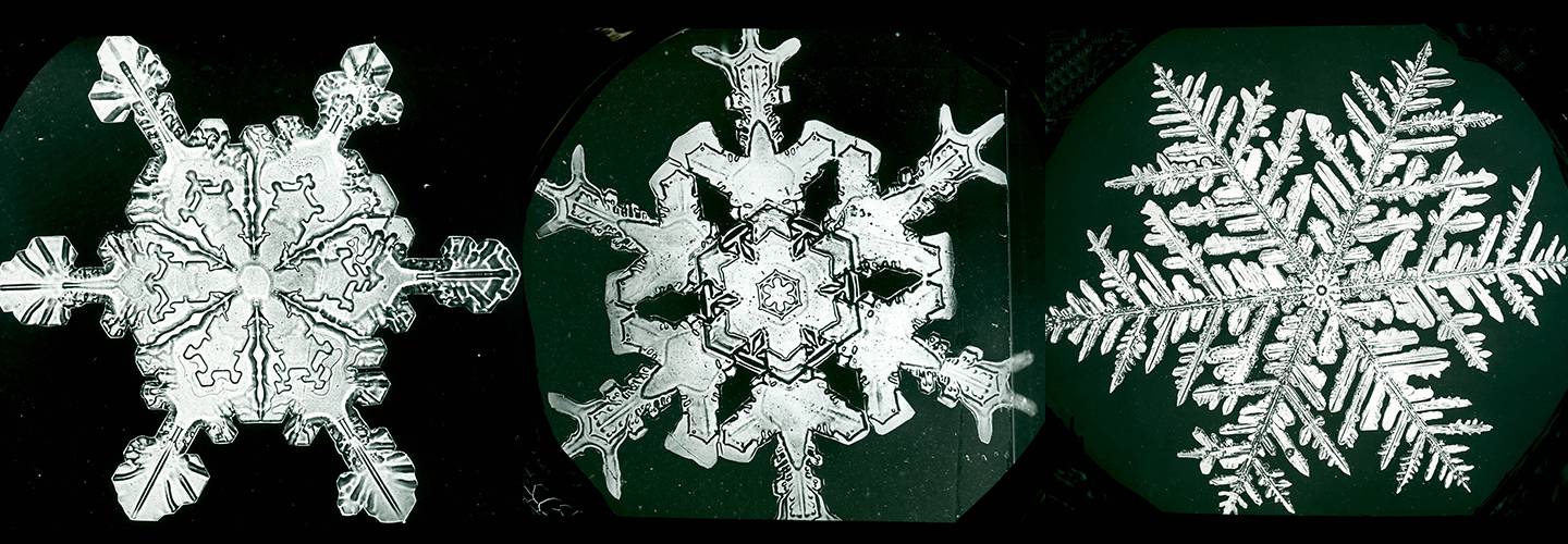 Composite image of three snow crystals