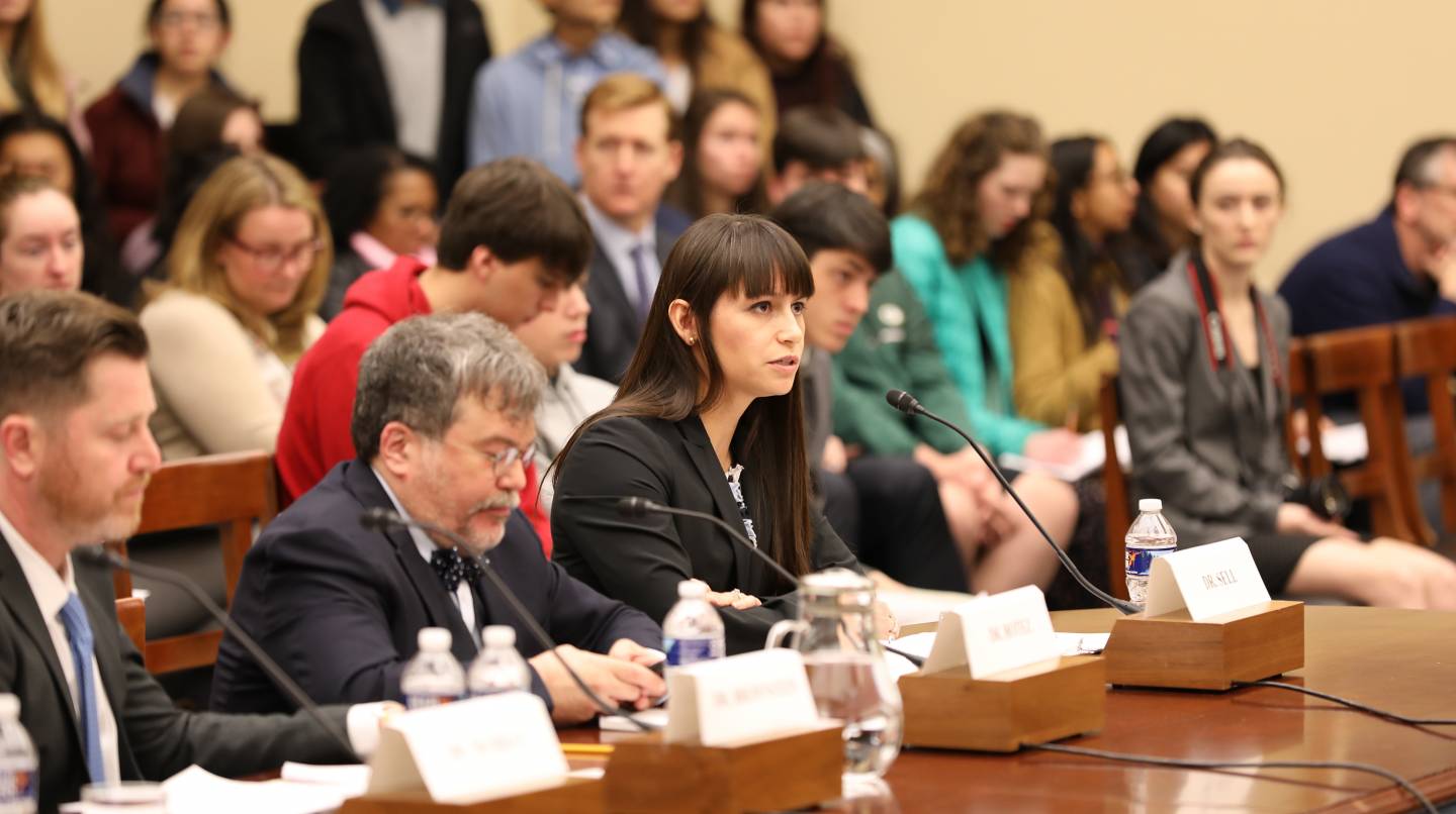 Tara Kirk Sell testifies at a committee hearing of Congress