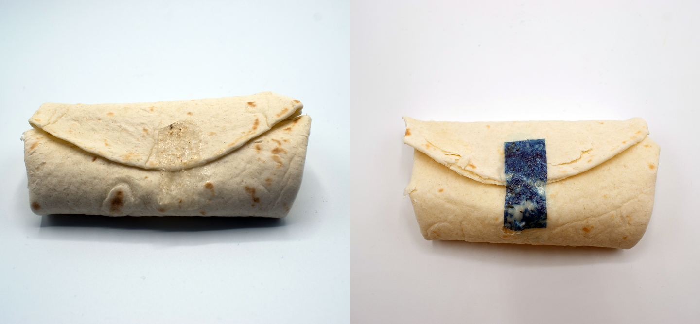 Side-by-side photos of burritos held together with tape. On the left, the tape is clear, on the right, it is dark blue.