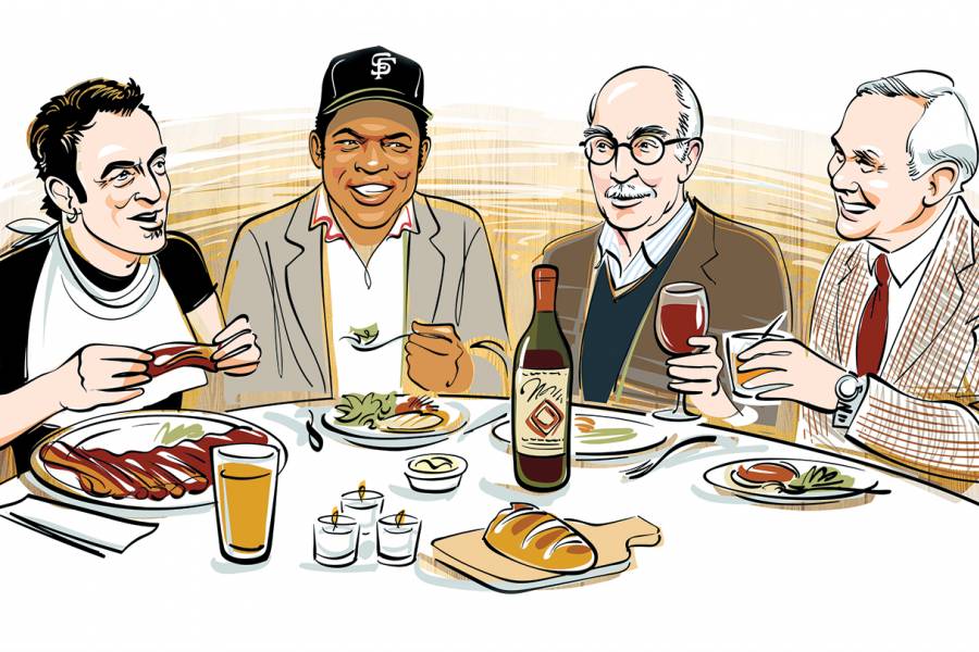Illustration of Roger Angell, Willie Mays, Bruce Springsteen, and Johnny Carson