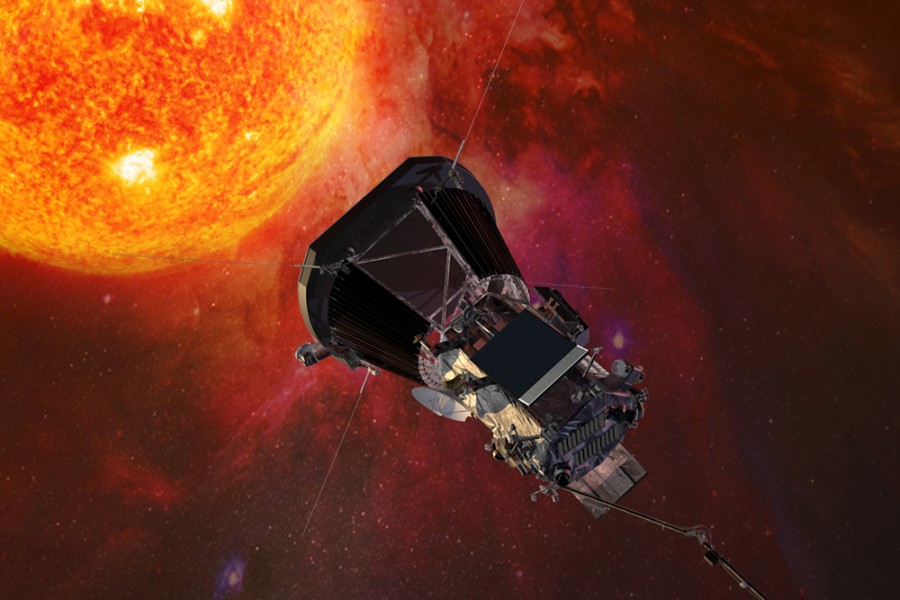 An artist's rendering shows a dark spacecraft hurtling towards an orange ball of fire and gas