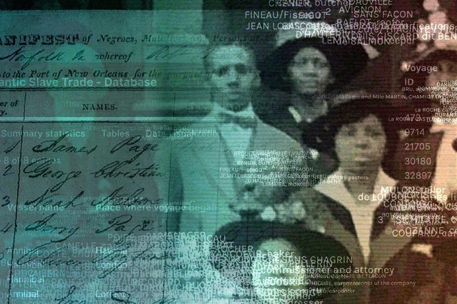 A digital collage of historic photographs overlaid with database entries and data