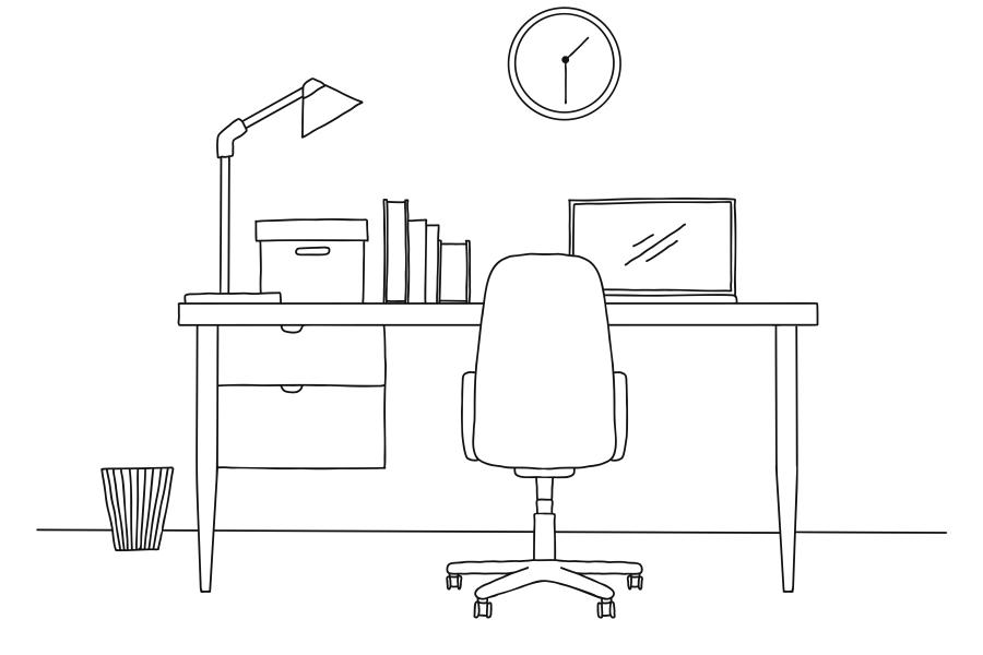 A line drawing of a desk and office set up