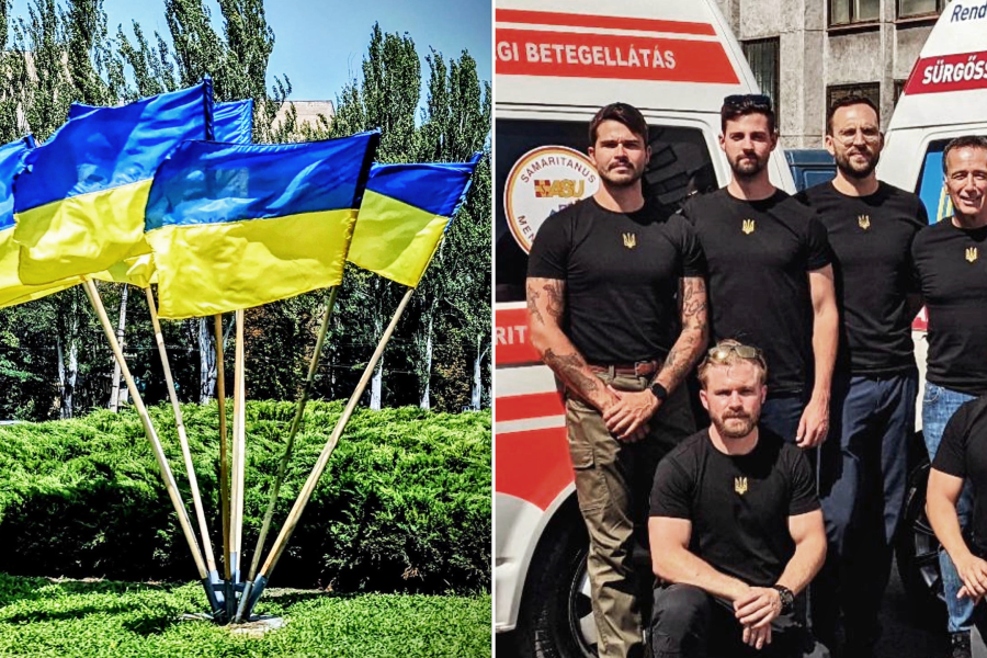 Side-by-side images of Ukrainian flags flying (left) and six men posing for a photo in front of two ambulances (right)