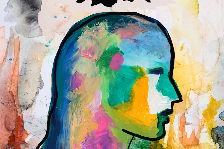 A colorful, abstract painting of a face with dark clouds overhead