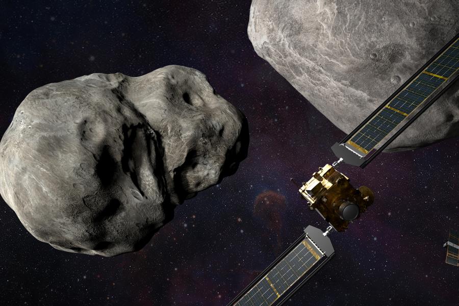 An illustration of a spacecraft flying into an asteroid