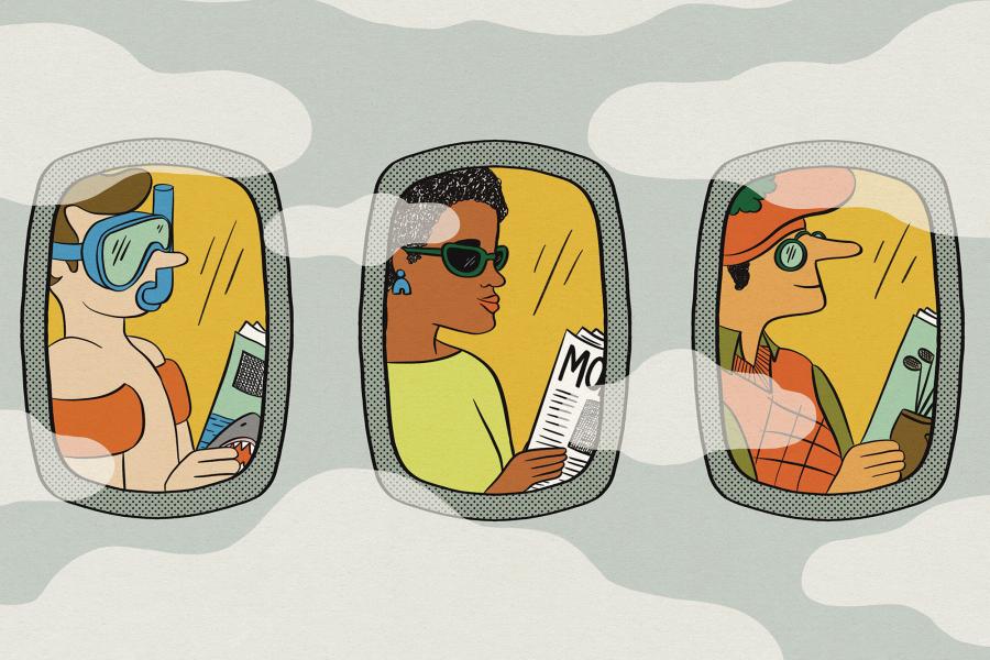 An illustration looking at travelers through the window of an airplane