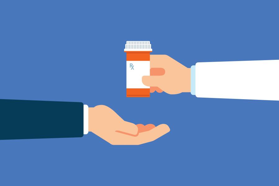 An illustration of a person handing someone a pill bottle