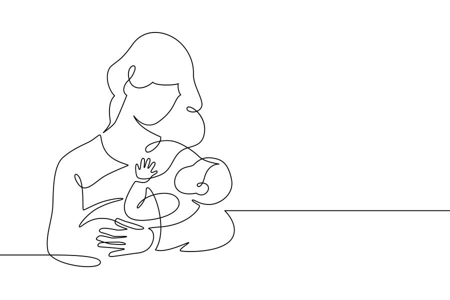 A line drawing of a mother and child